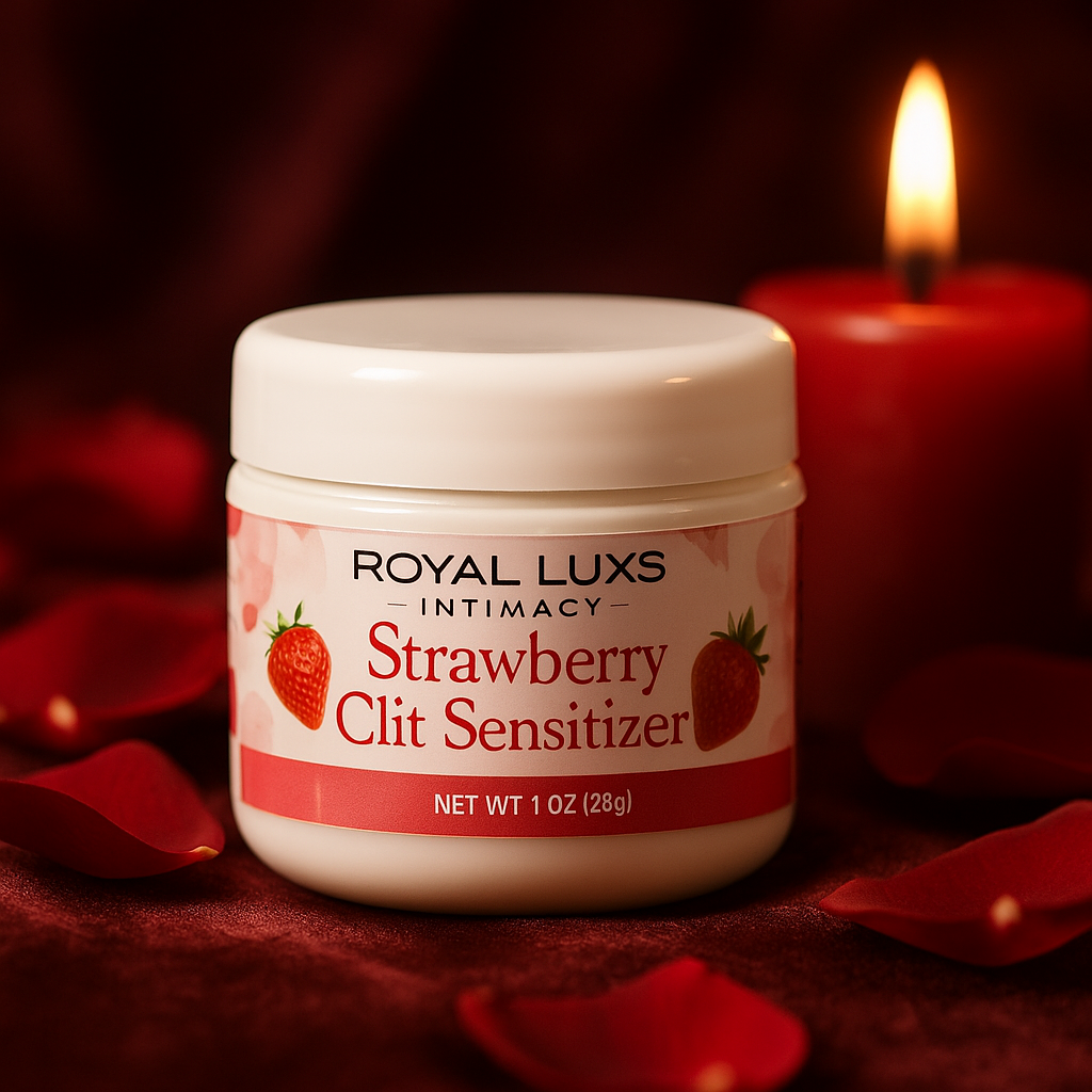 Royal LuxsLLC strawberry clit sensitizer in white jar with strawberry design and candle background