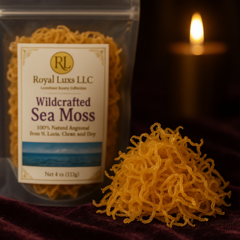 RoyalLuxsLLC wildcrafted sea moss from St. Lucia nutritional food purees in clear packaging with loose sea moss and candle background