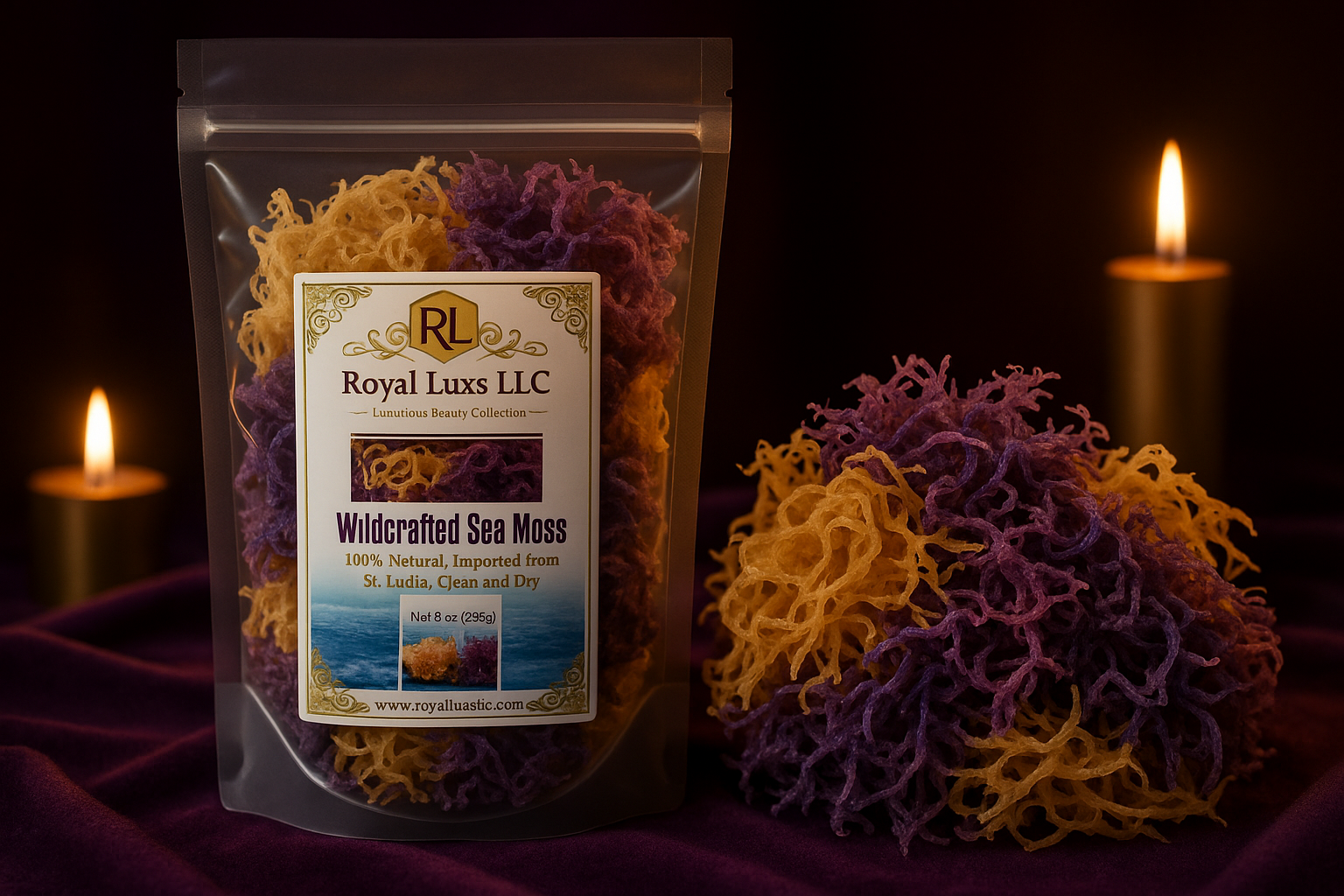 RoyalLuxsLLC wildcrafted sea moss from St. Lucia in resealable package with dried sea moss and lit candles