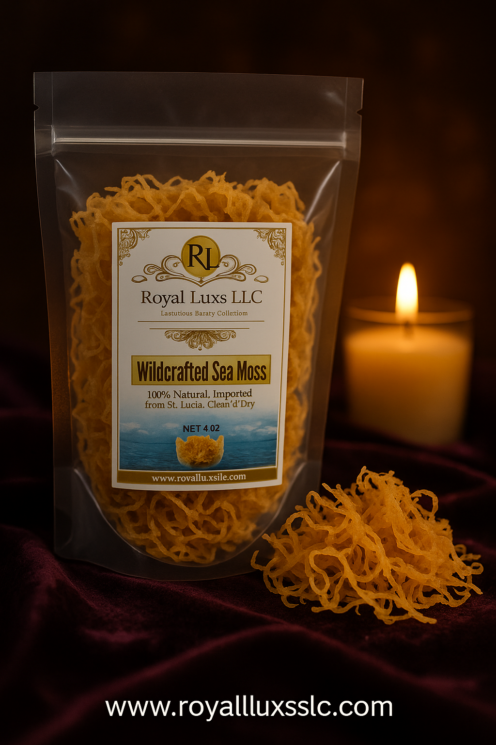 RoyalLuxsLLC wildcrafted sea moss from St Lucia nutritional food purée in clear resealable bag with loose sea moss and candle