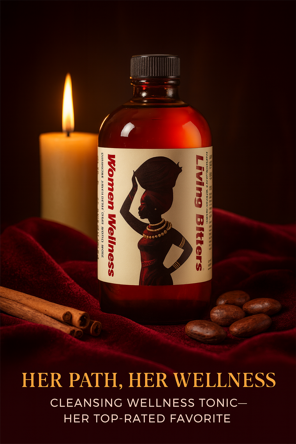 RoyalLuxsLLC women wellness bitters bottle with candle cinnamon sticks and stones on red cloth