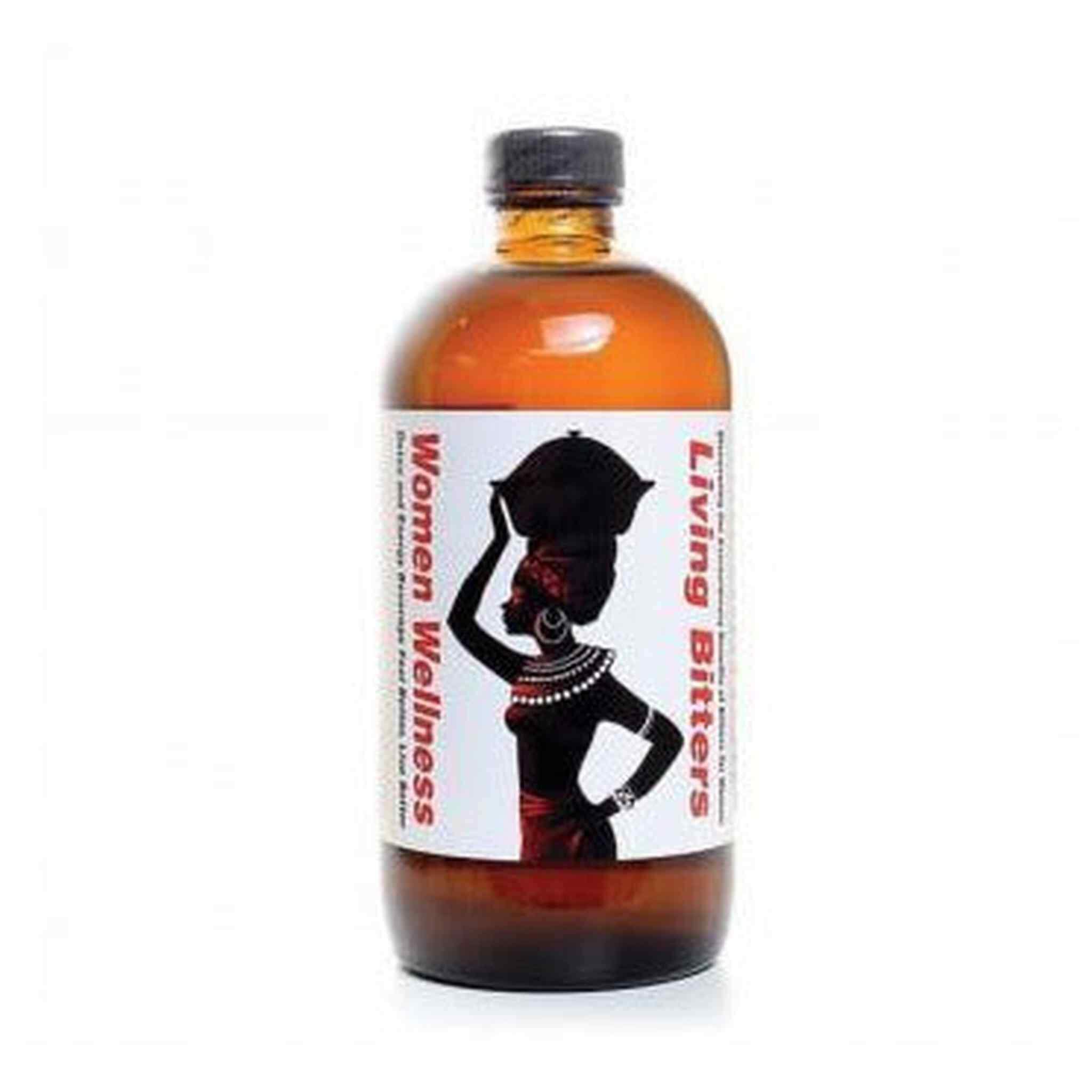 RoyalLuxsLLC bottle of women wellness bitters with amber liquid and silhouette label design