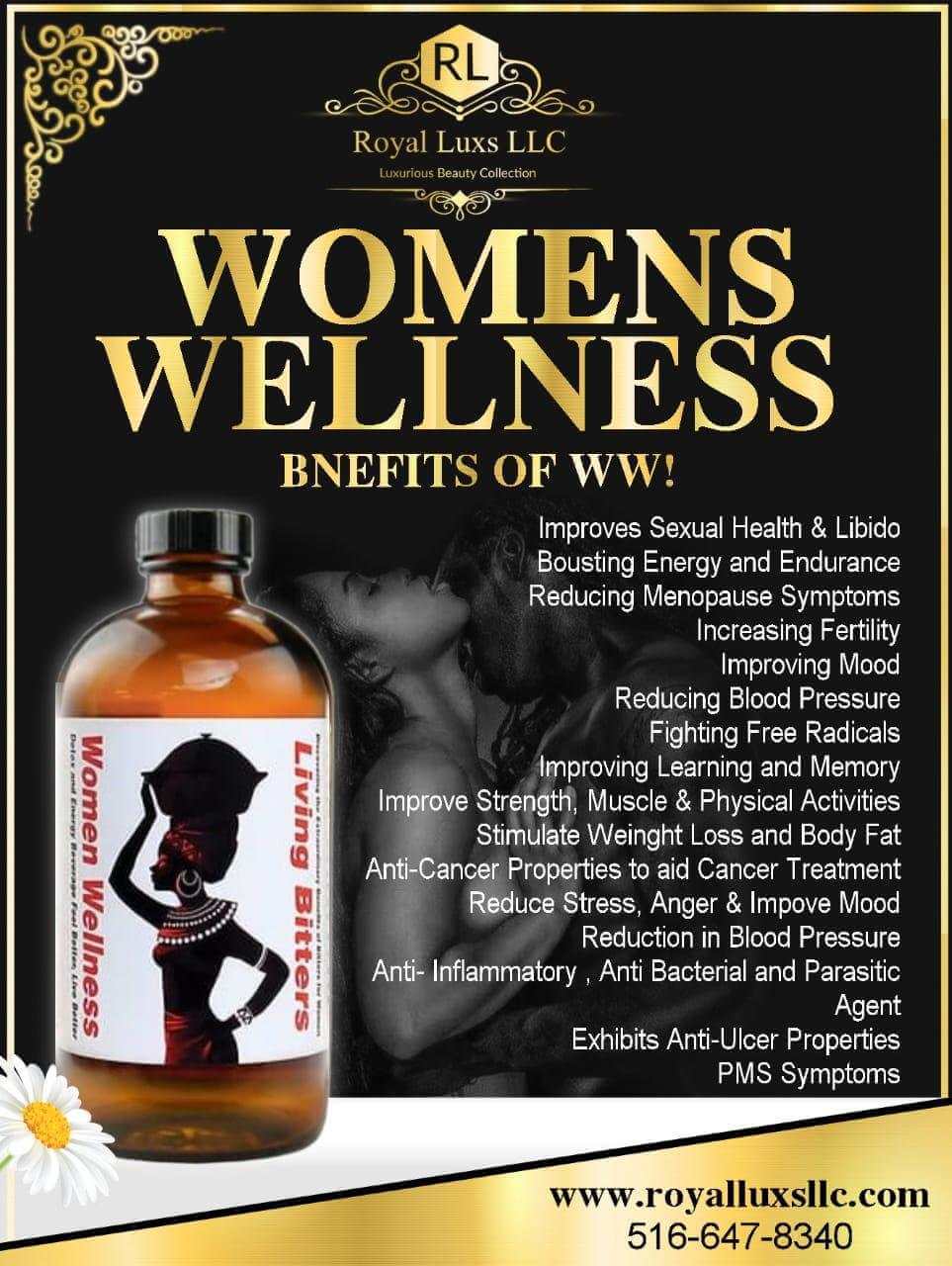 Royal Luxs LLC women wellness bitters bottle with benefits list for health and vitality
