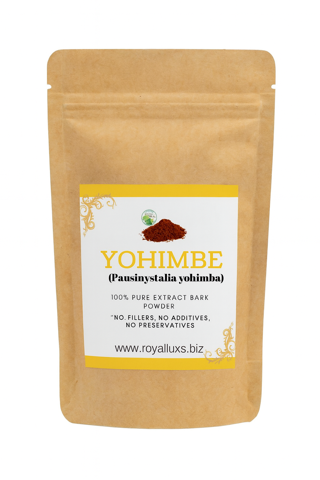 RoyalLuxsLLC organic yohimbe bark powder in resealable brown kraft pouch with label