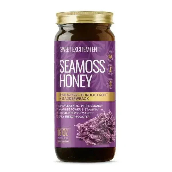 Sea Moss Honey with Burdock Root 16 OZ jar, supports thyroid health and boosts energy.