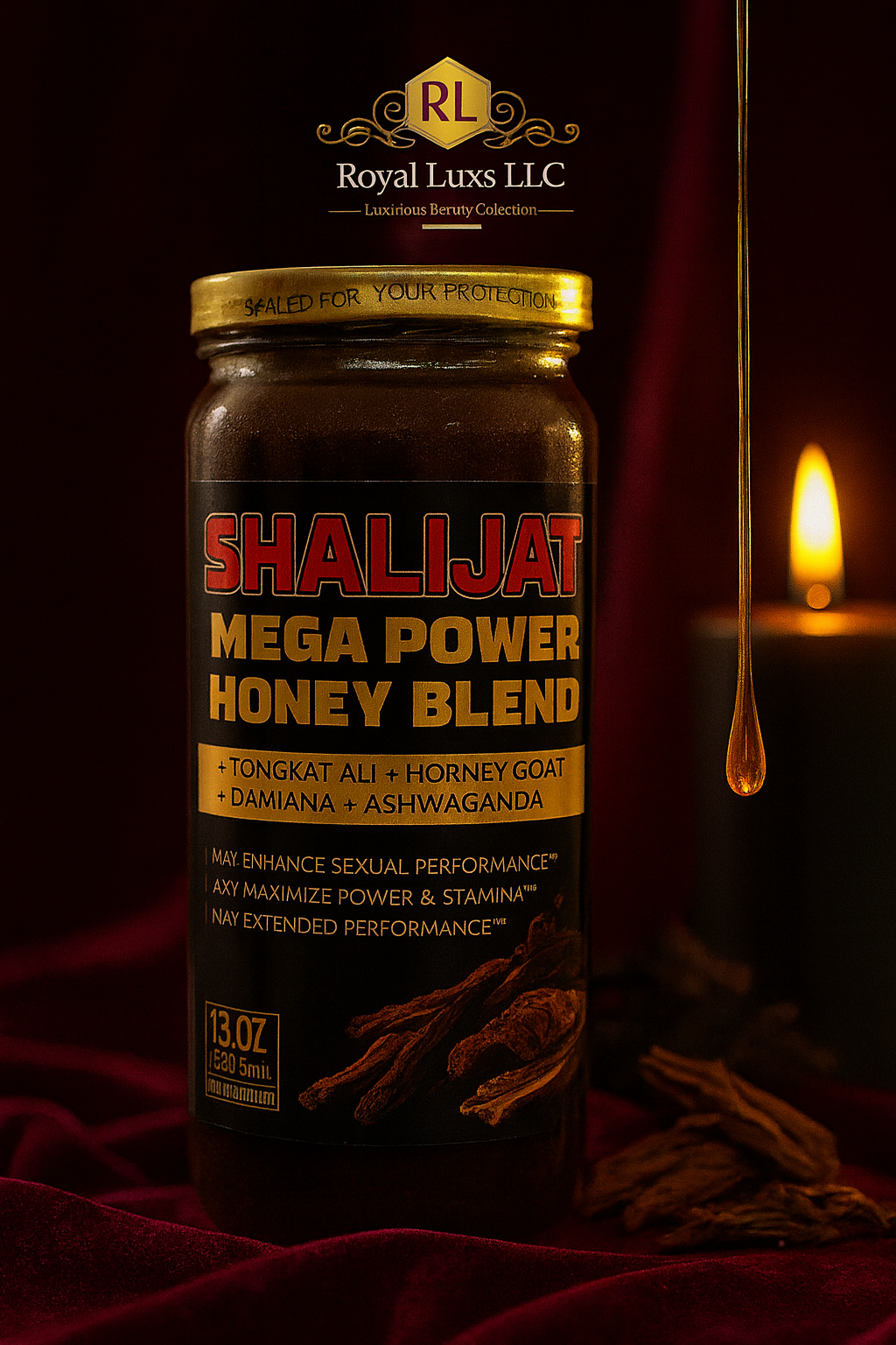 Organic Himalayan shilajit honey blend by RoyalLuxsLLC in a dark glass jar with golden lid