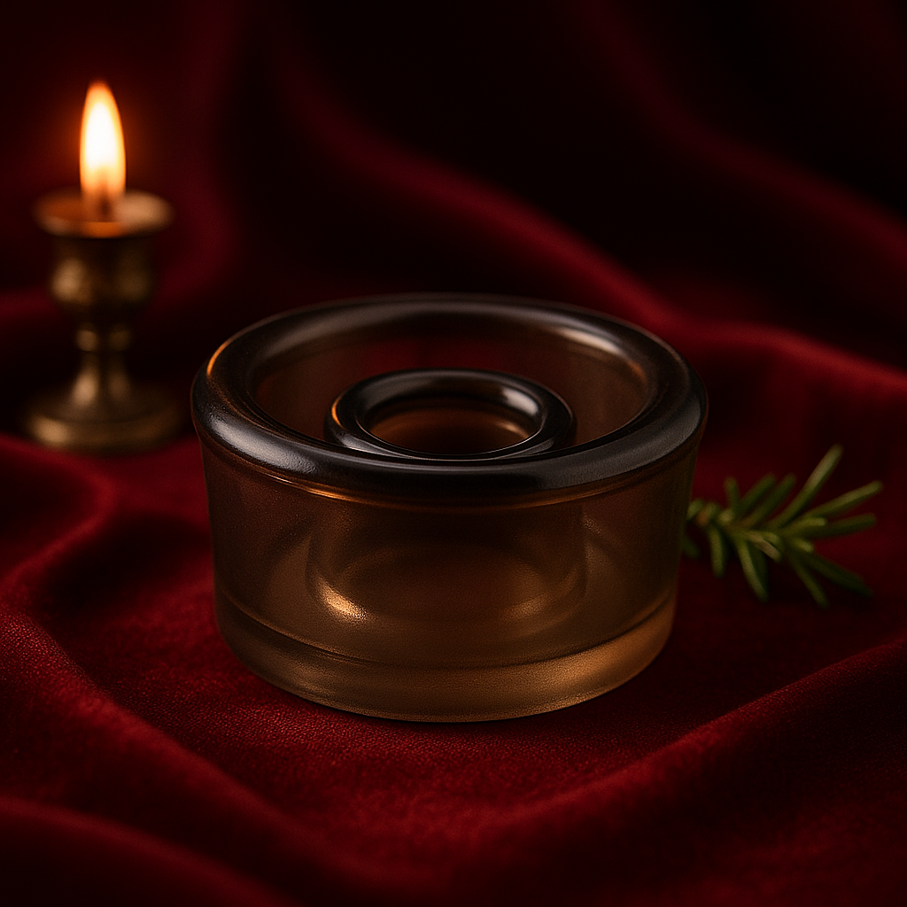 RoyalLuxsLLC universal pump comfort seal in dark amber glass displayed on red fabric with candlelight