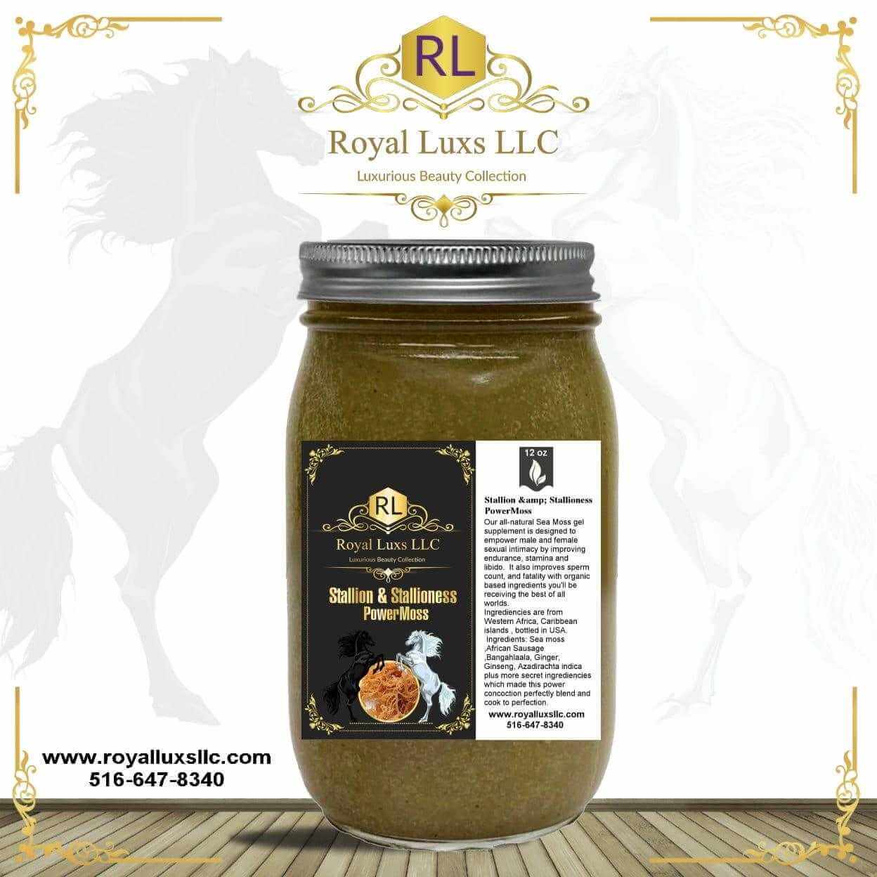 Stallion & Stallioness PowerMoss supplement jar featuring natural ingredients for intimacy and fertility, by Royal Luxs LLC.