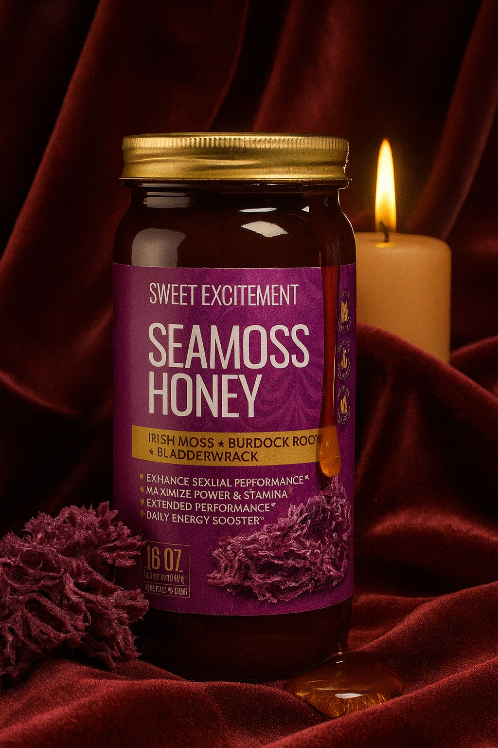 Sea moss honey with burdock root in a 16 oz jar with purple label and gold lid by RoyalLuxsLLC
