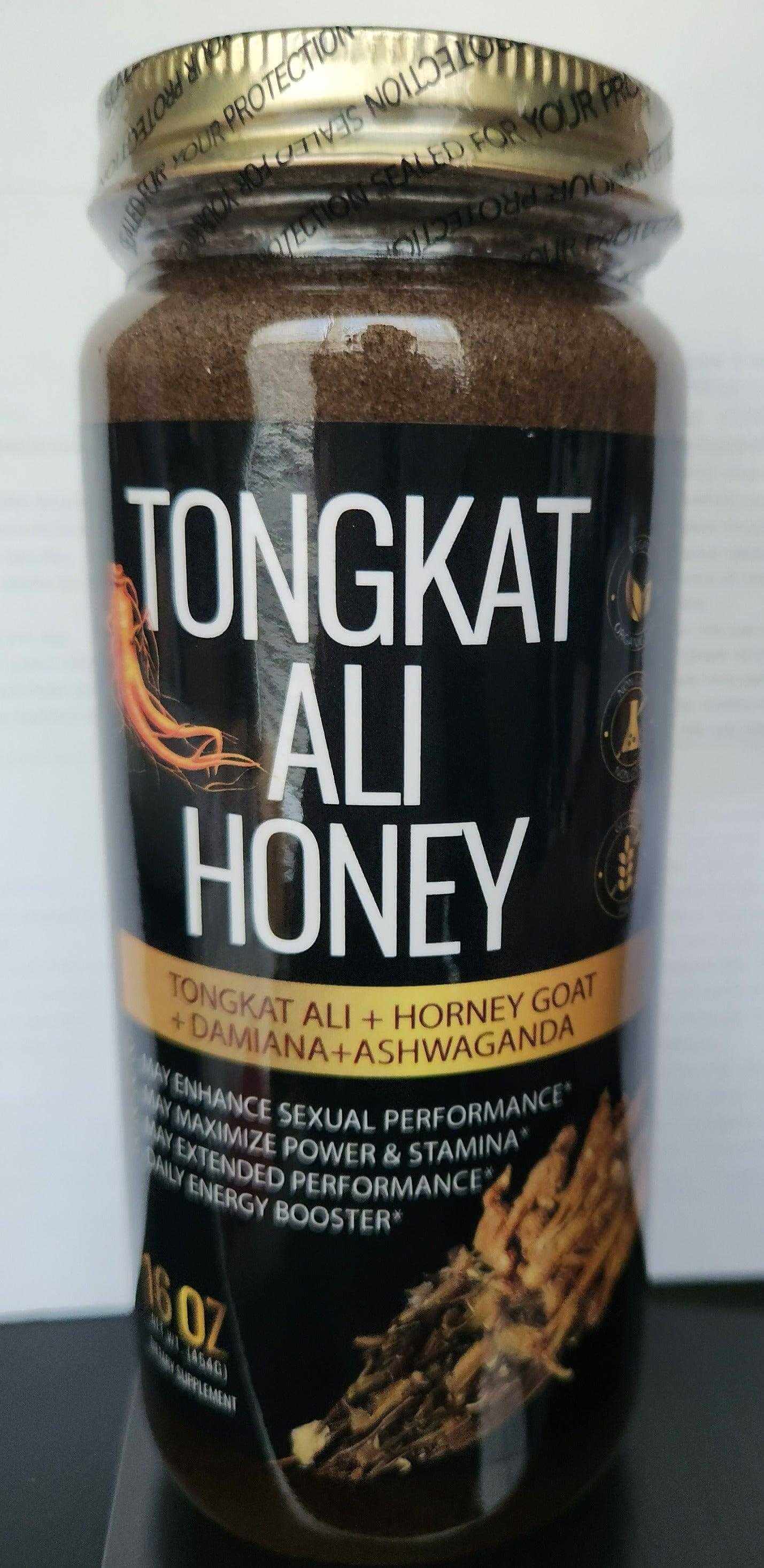 Tongkat Horney Goat Damiana Ashwagandha Honey in a 16 oz glass jar, promoting sexual health and energy enhancement.