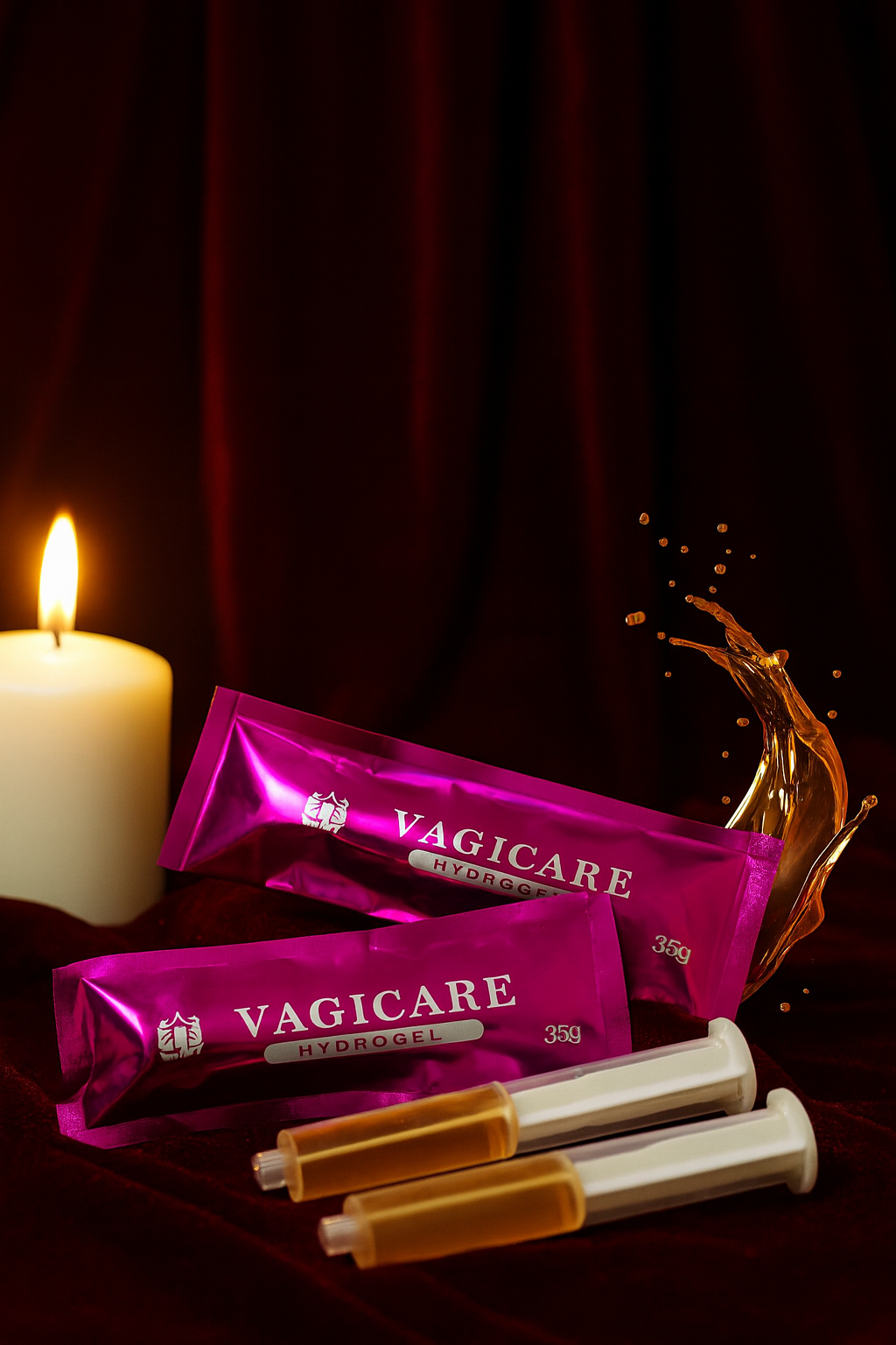 RoyalLuxsLLC Vagicare Hydrogel vaginal tightening gel in purple tubes with applicator syringes and candle background